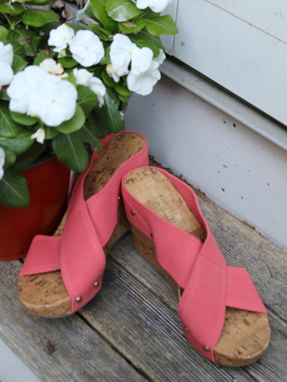 Montego Bay Club Salmon Stretch Elastic Criss Cross Cork Wedge Mule Sandals Sz 8
